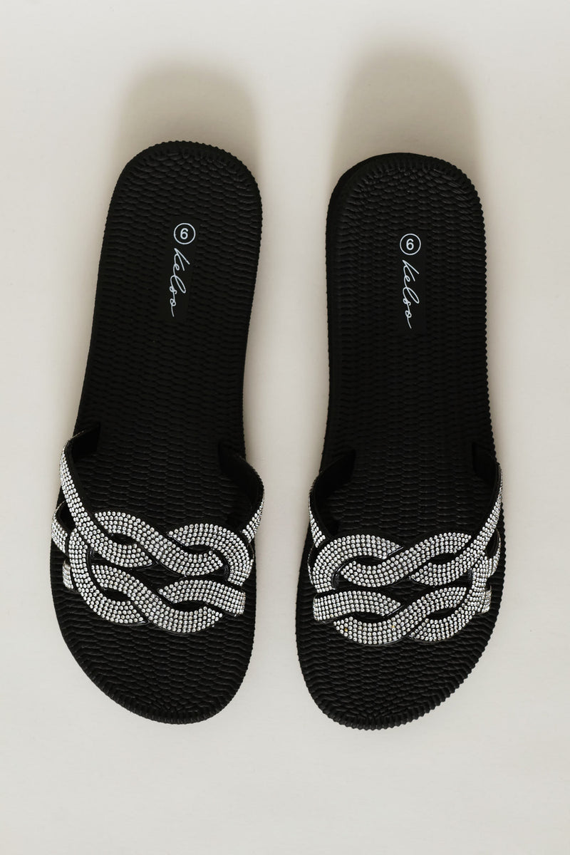 Interlock Strap Diamante Vamp Mule Sandal - Black