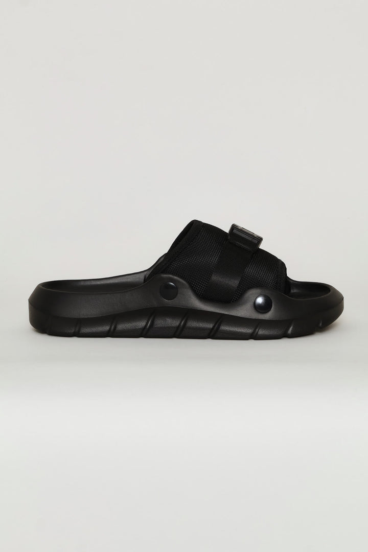 Buckle Detail Mesh Upper Slide - Black