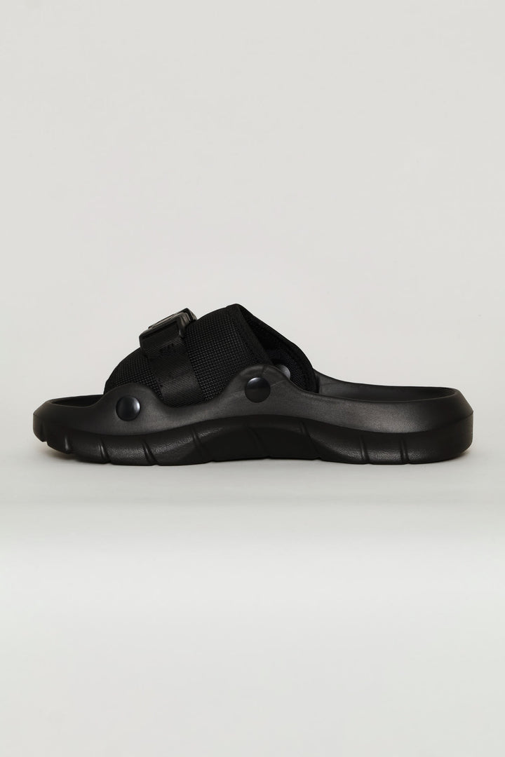 Buckle Detail Mesh Upper Slide - Black