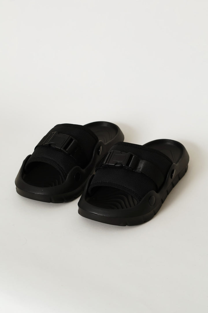 Buckle Detail Mesh Upper Slide - Black