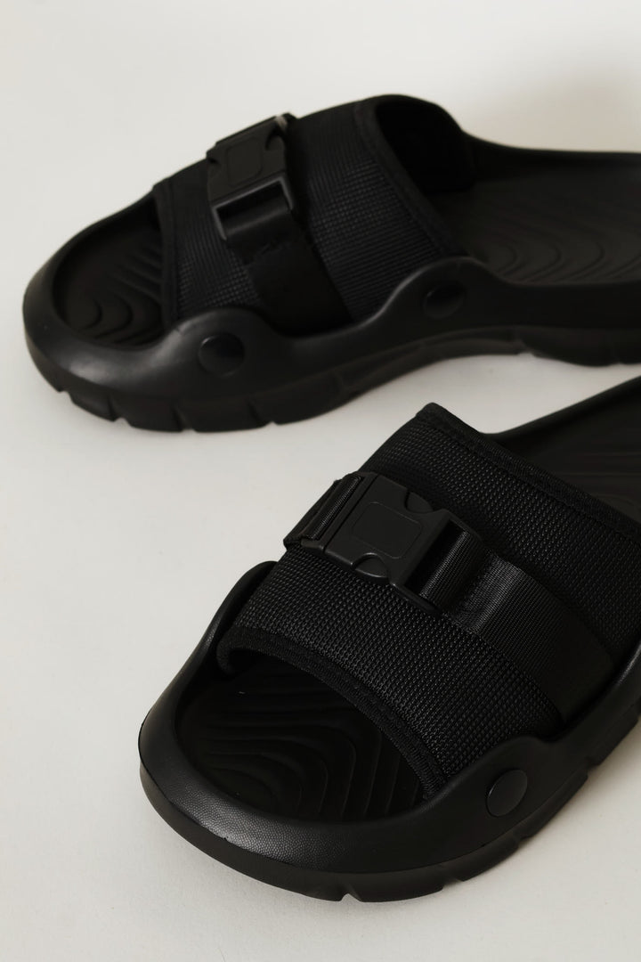 Buckle Detail Mesh Upper Slide - Black