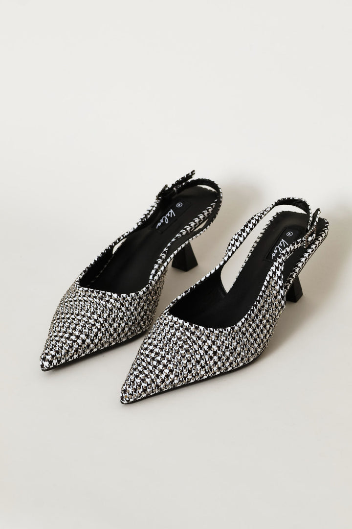 Houndstooth Diamante Slingback Heel - Black/White