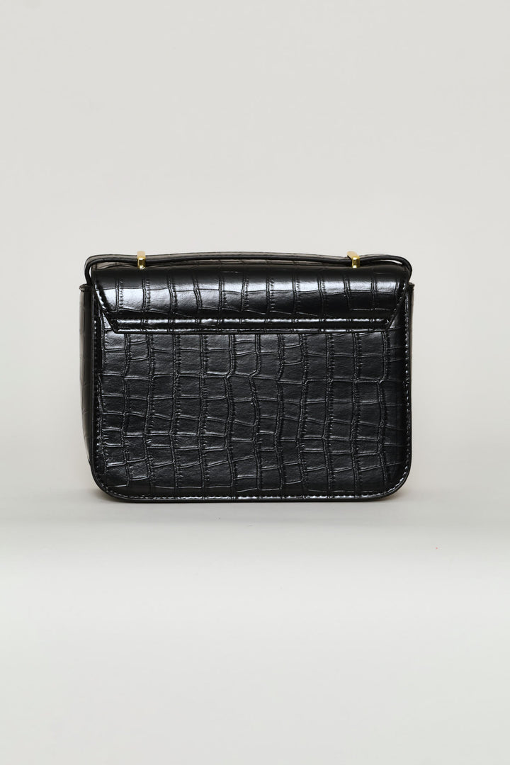 Textured Gold Trim Satchel Bag - Black