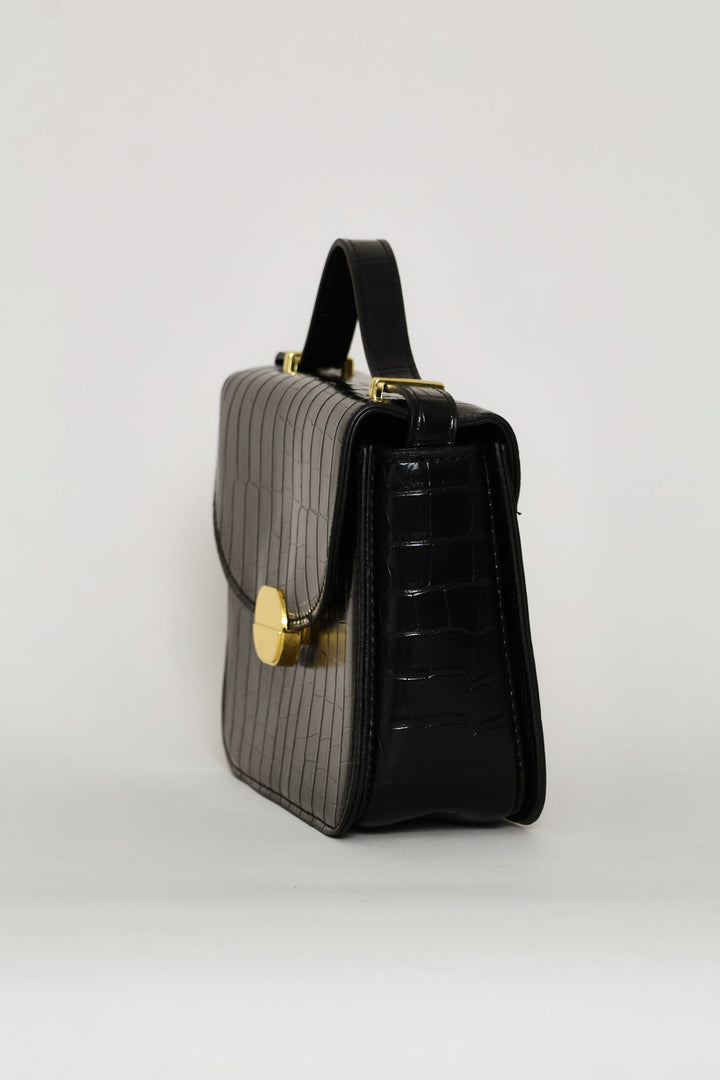 Textured Gold Trim Satchel Bag - Black