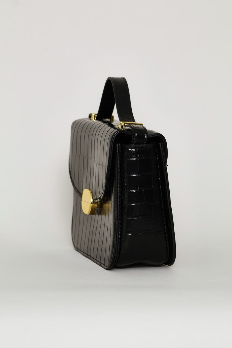Textured Gold Trim Satchel Bag - Black