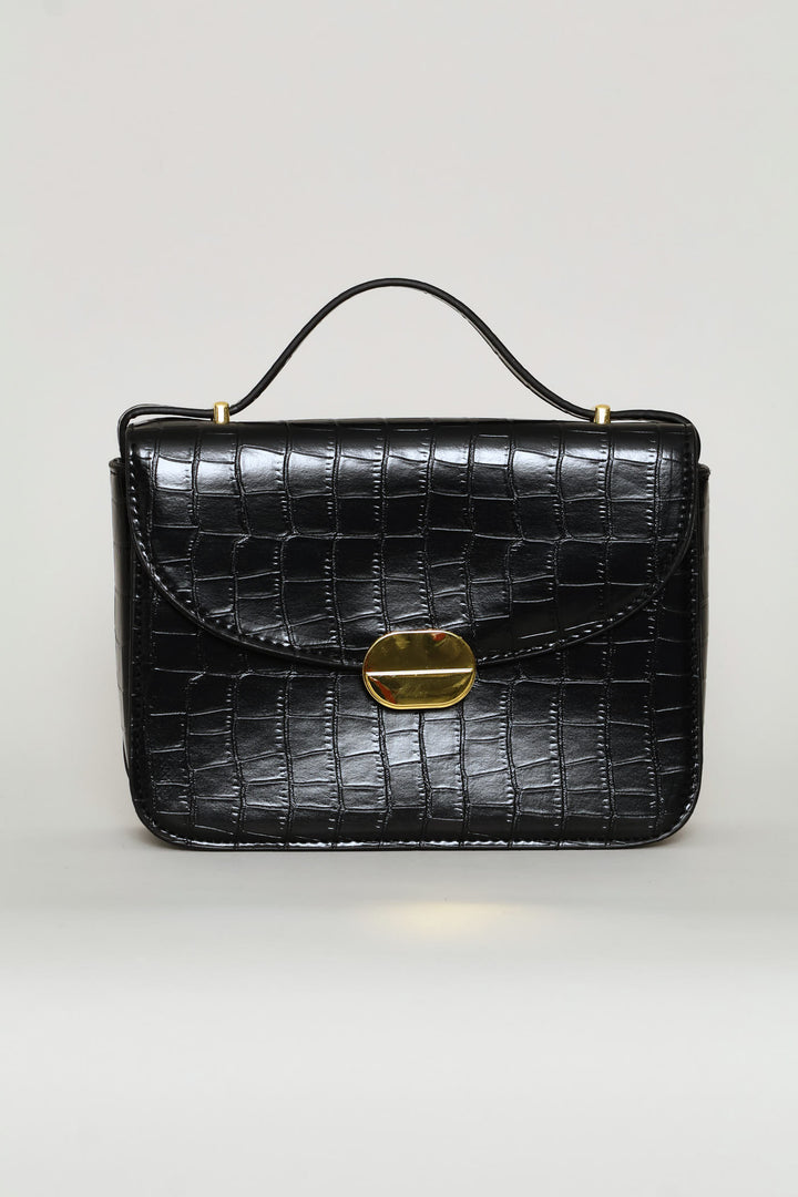 Textured Gold Trim Satchel Bag - Black