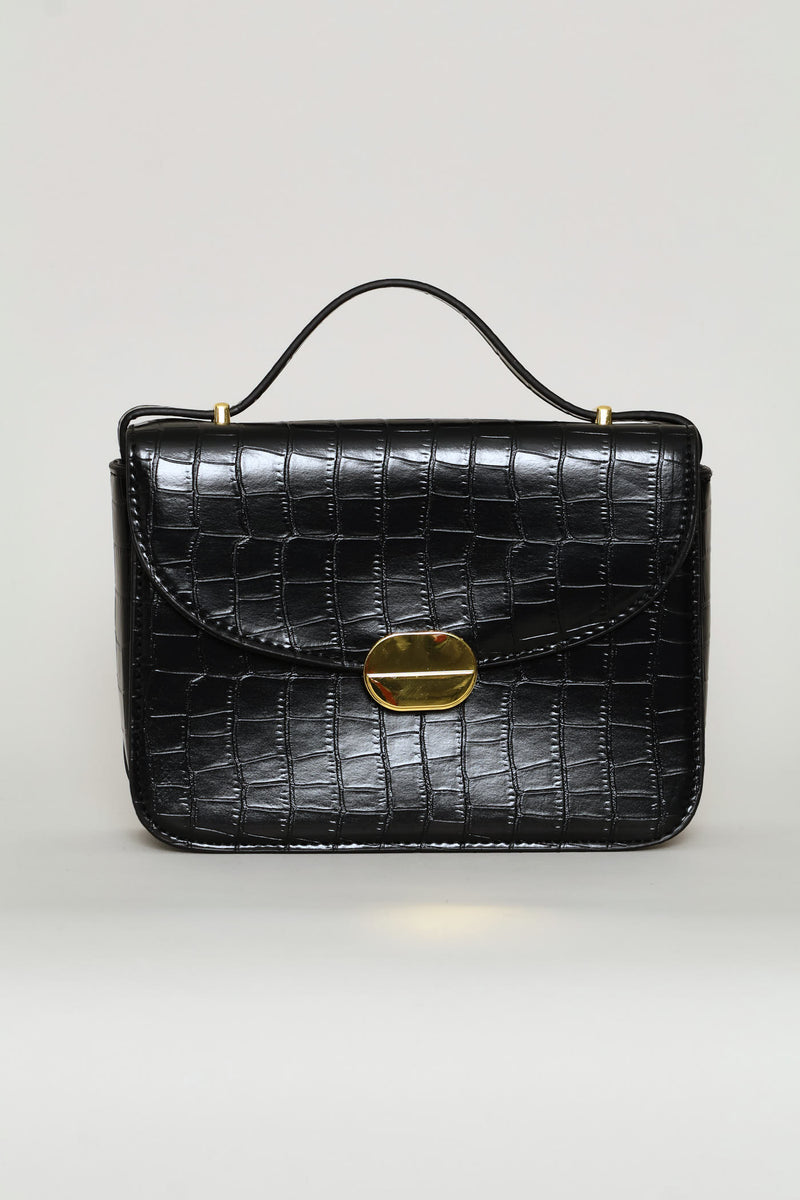 Textured Gold Trim Satchel Bag - Black