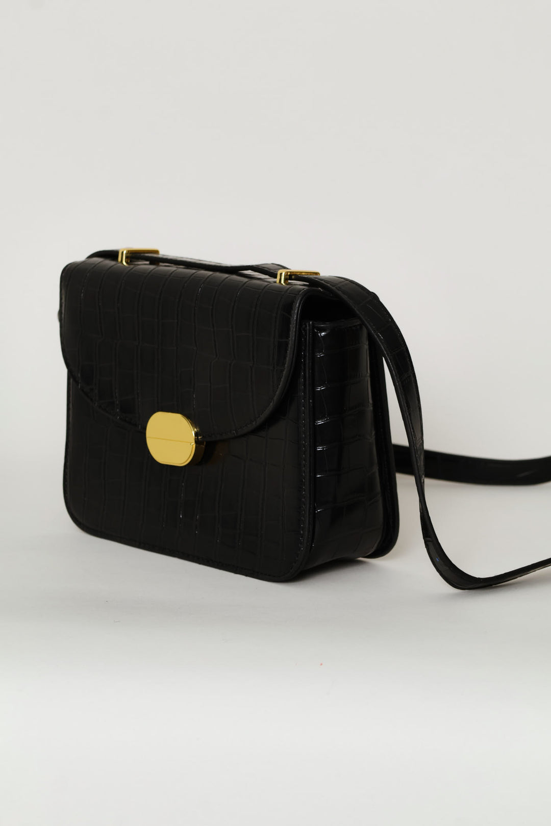 Textured Gold Trim Satchel Bag - Black