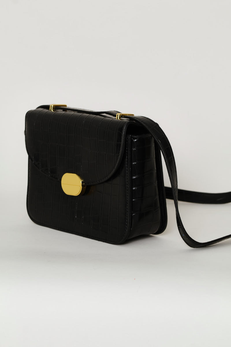Textured Gold Trim Satchel Bag - Black
