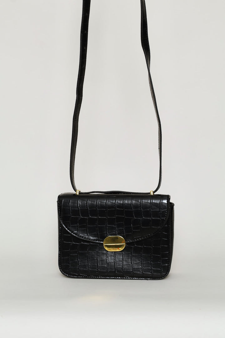 Textured Gold Trim Satchel Bag - Black