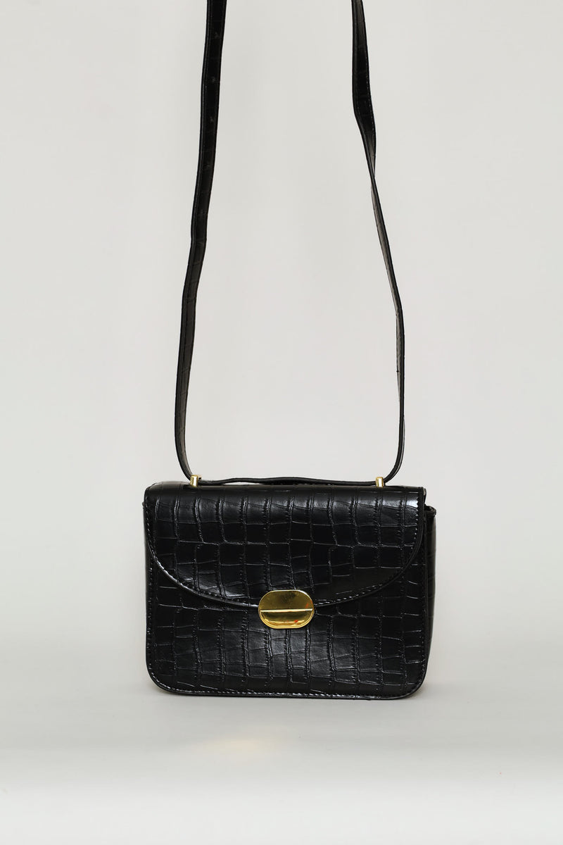 Textured Gold Trim Satchel Bag - Black