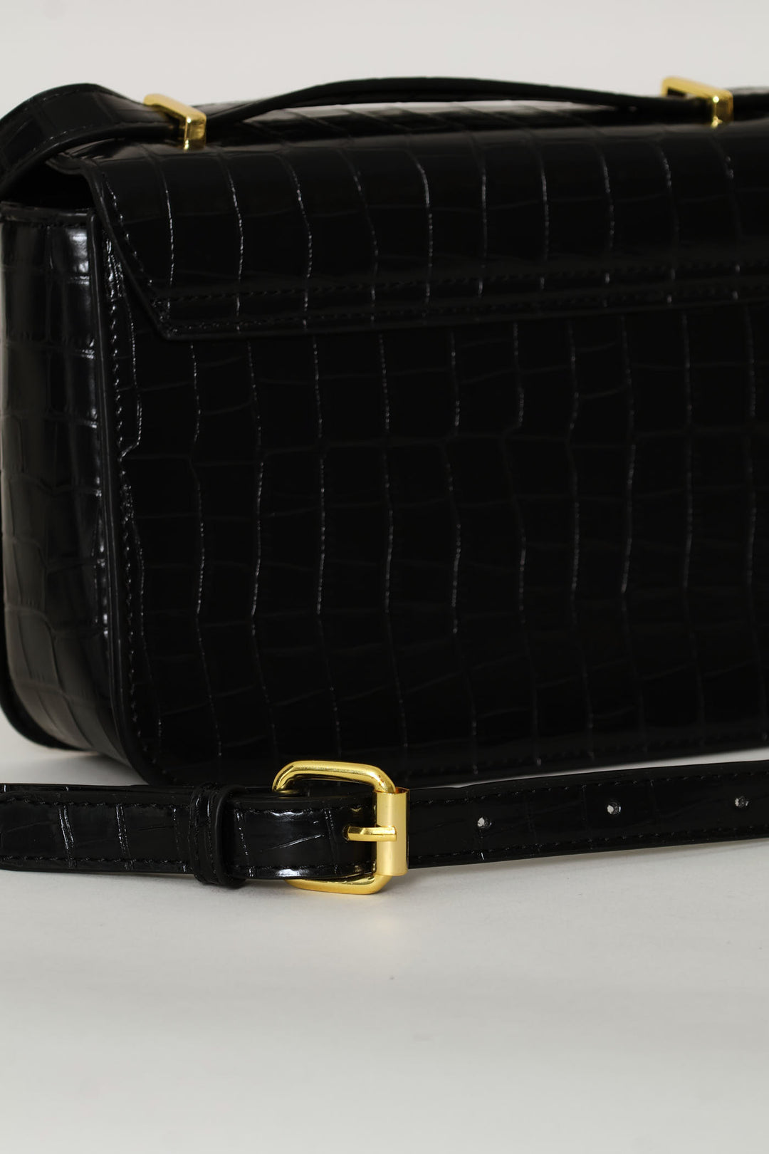 Textured Gold Trim Satchel Bag - Black