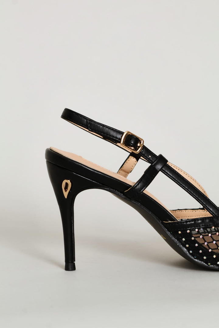 Mesh Diamante Heel - Black