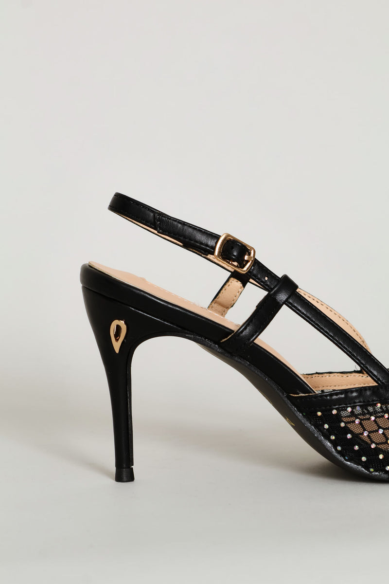 Mesh Diamante Heel - Black