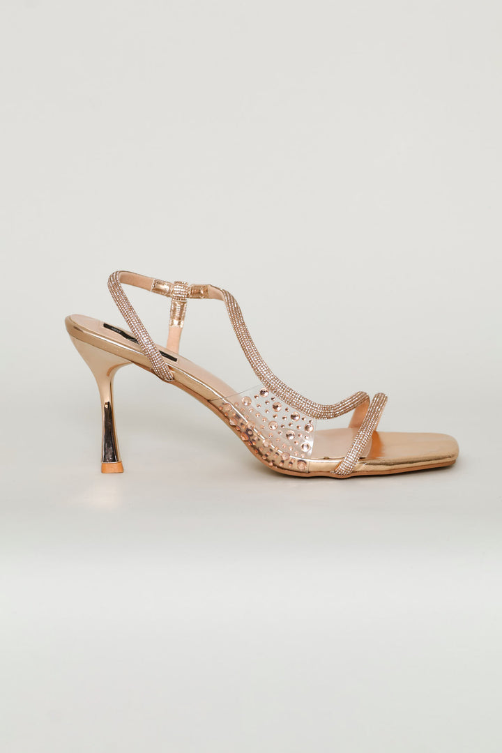 Diamante Asymmetrical Strap Stiletto Heel - Rose Gold