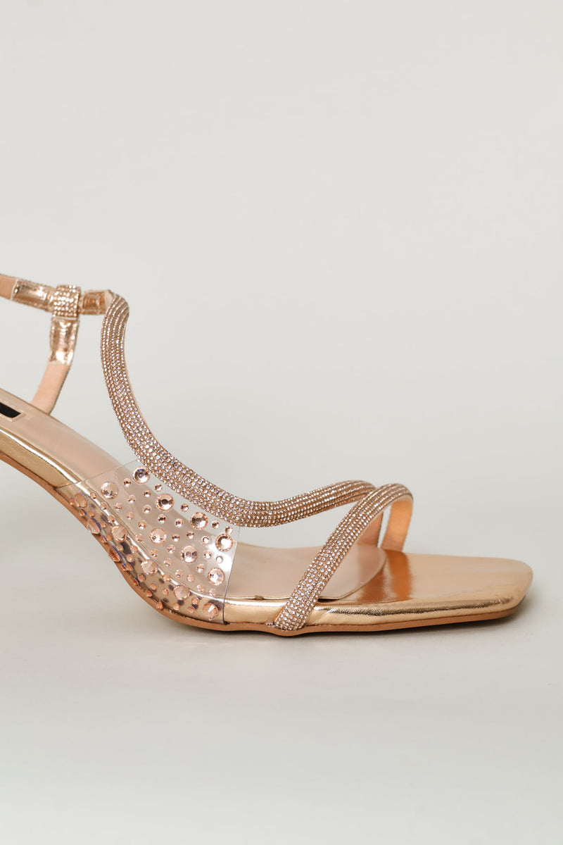 Diamante Asymmetrical Strap Stiletto Heel - Rose Gold