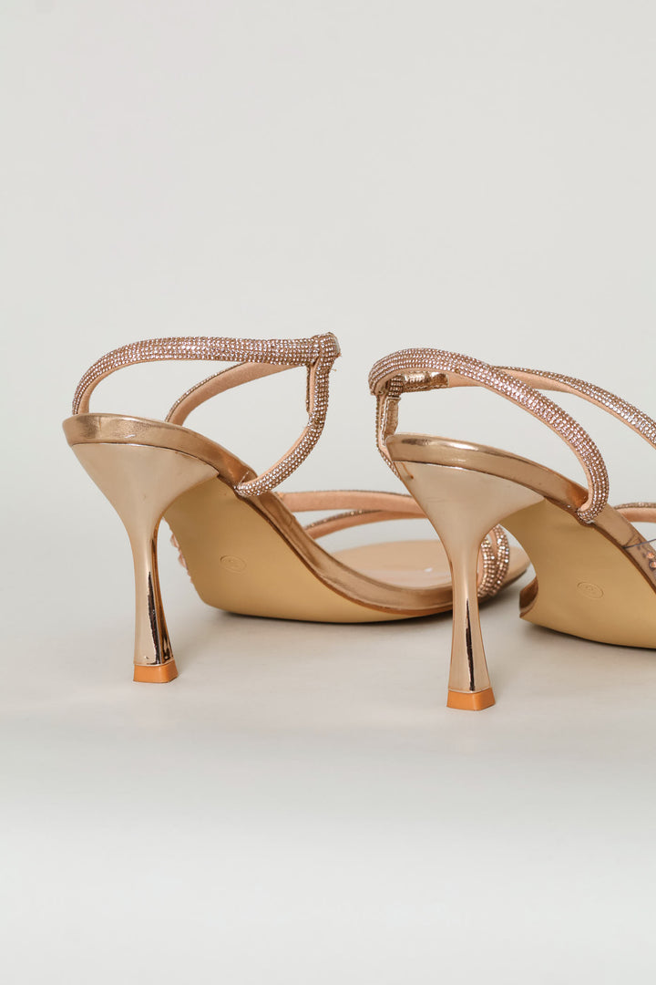 Diamante Asymmetrical Strap Stiletto Heel - Rose Gold
