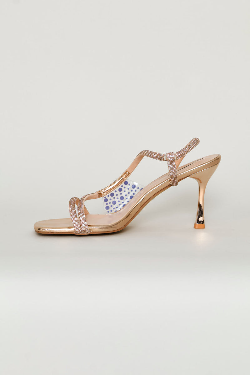 Diamante Asymmetrical Strap Stiletto Heel - Rose Gold
