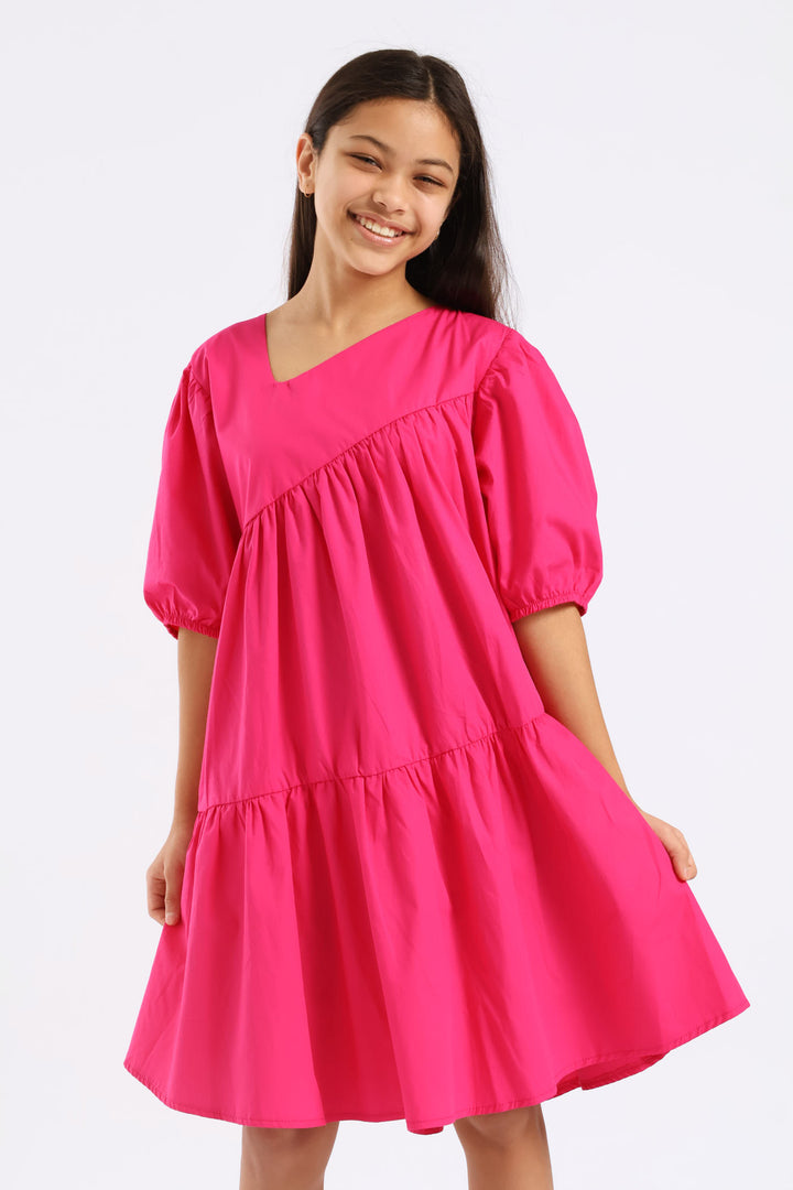 Girls Gauged Front Flare Poplin Dress - Cerise
