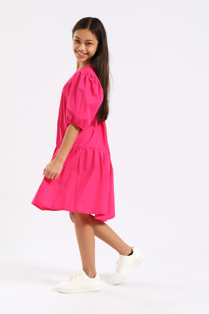 Girls Gauged Front Flare Poplin Dress - Cerise