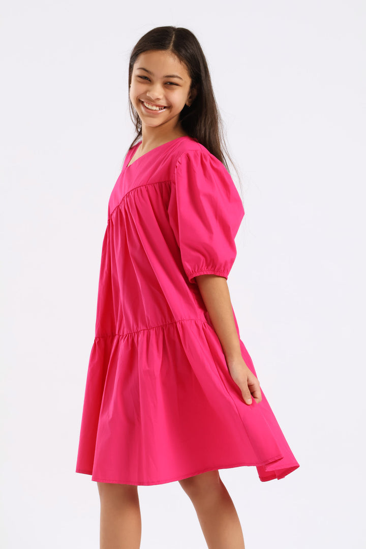 Girls Gauged Front Flare Poplin Dress - Cerise