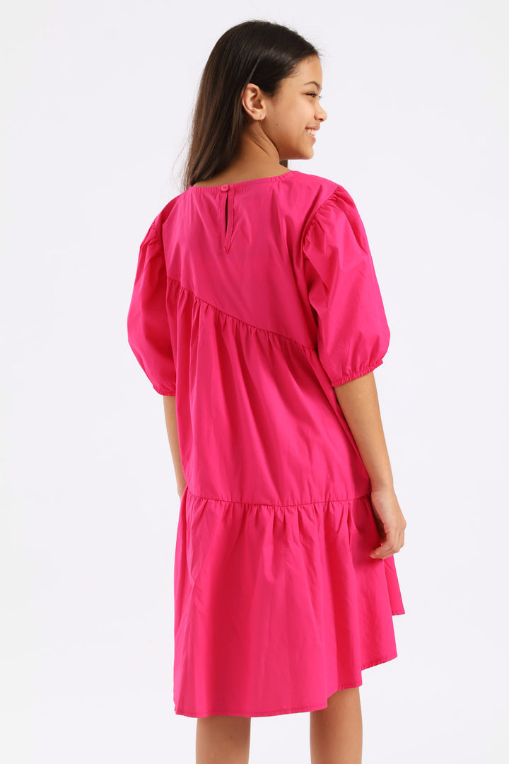 Girls Gauged Front Flare Poplin Dress - Cerise