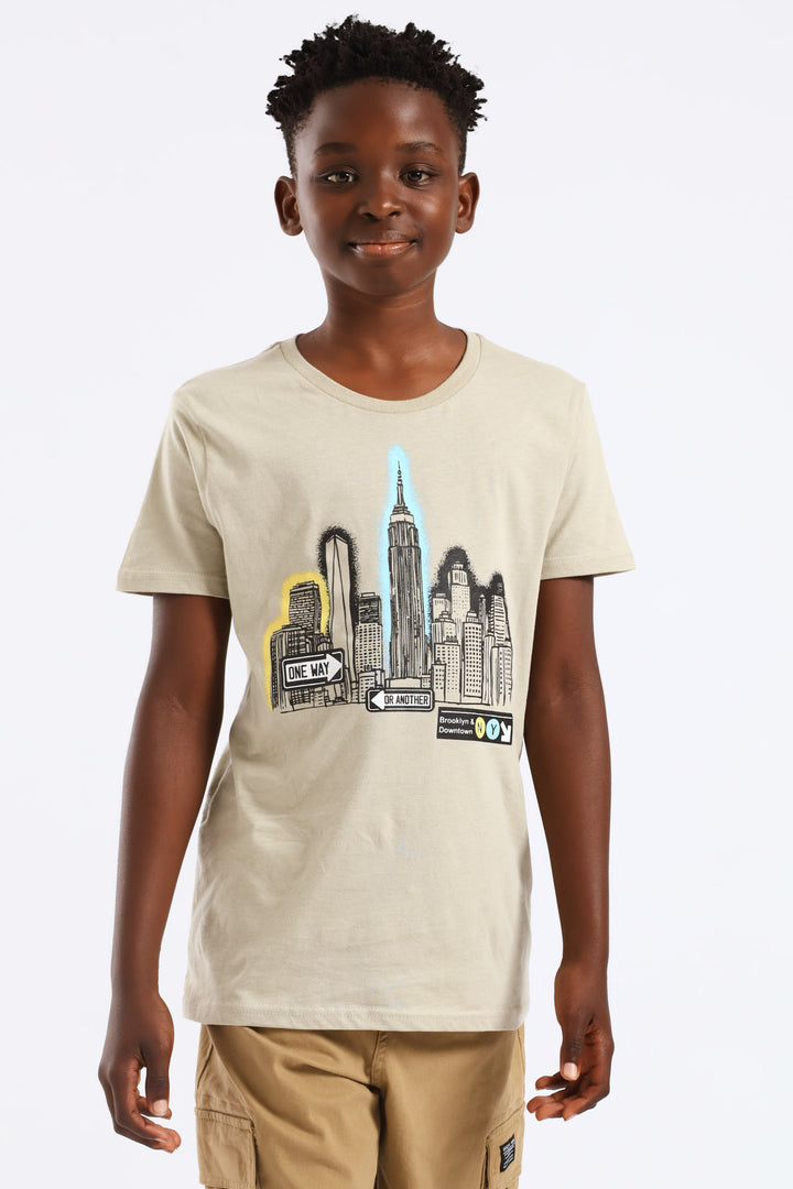 Boys Nyc Cityscape Print Tee - Olive
