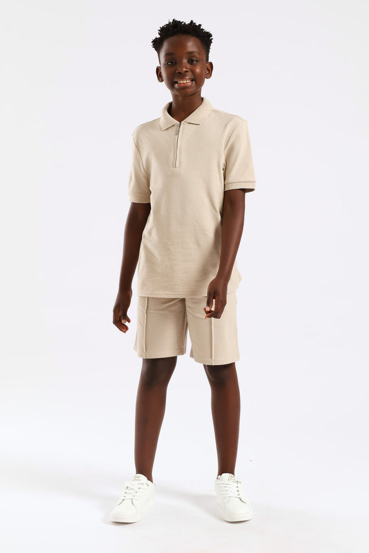 Boys Pique Zip Golfer - Stone