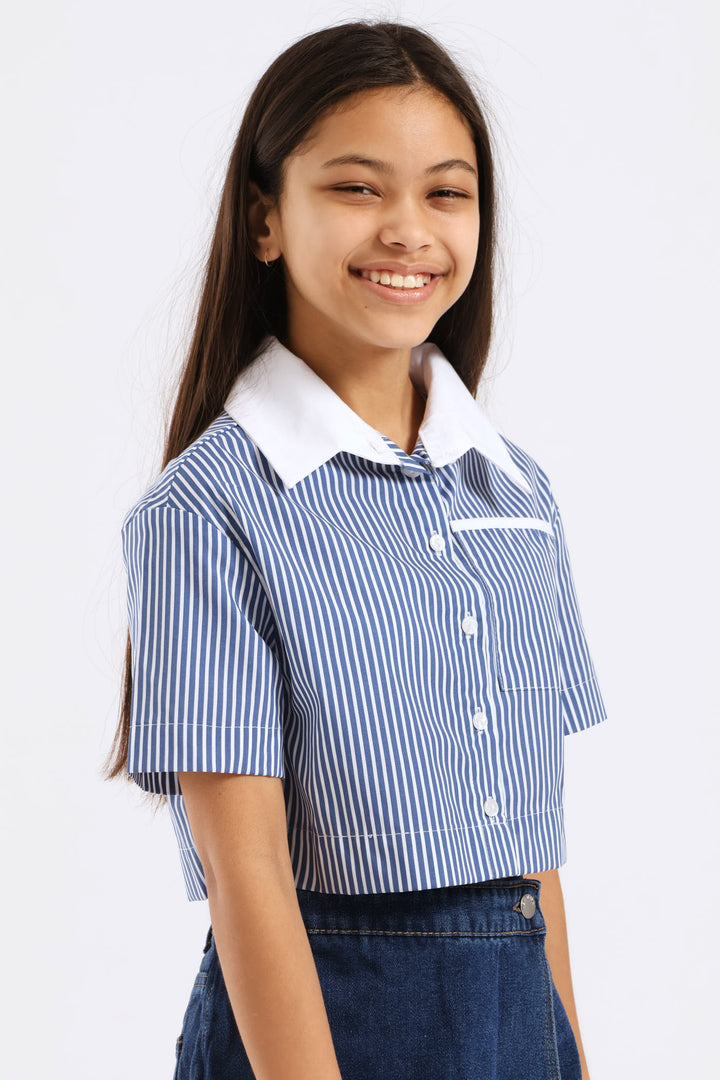 Girls Contrast Collar Cropped Shirt - Blue