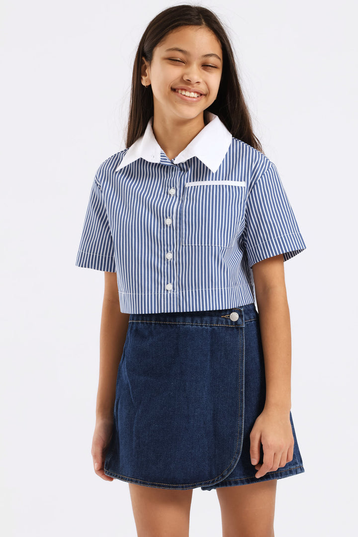 Girls Contrast Collar Cropped Shirt - Blue