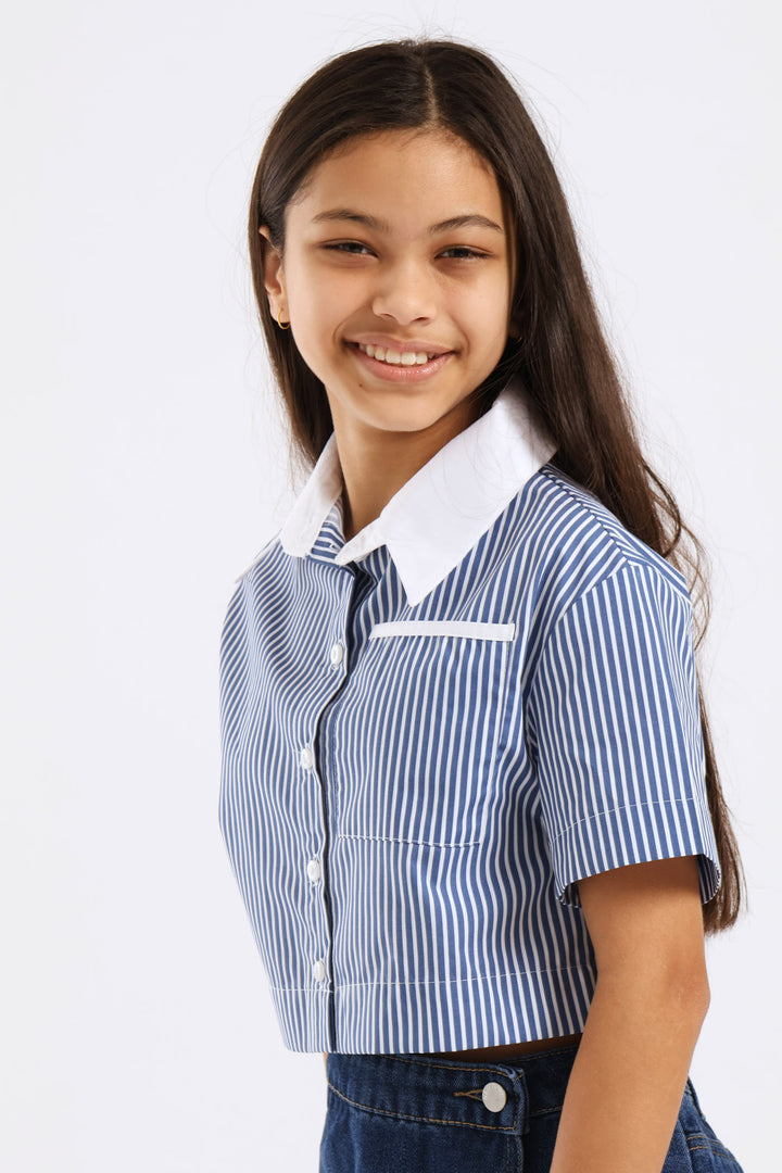Girls Contrast Collar Cropped Shirt - Blue