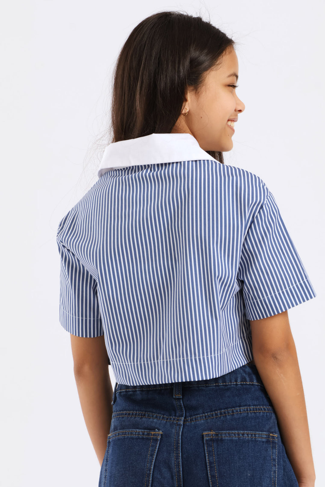 Girls Contrast Collar Cropped Shirt - Blue
