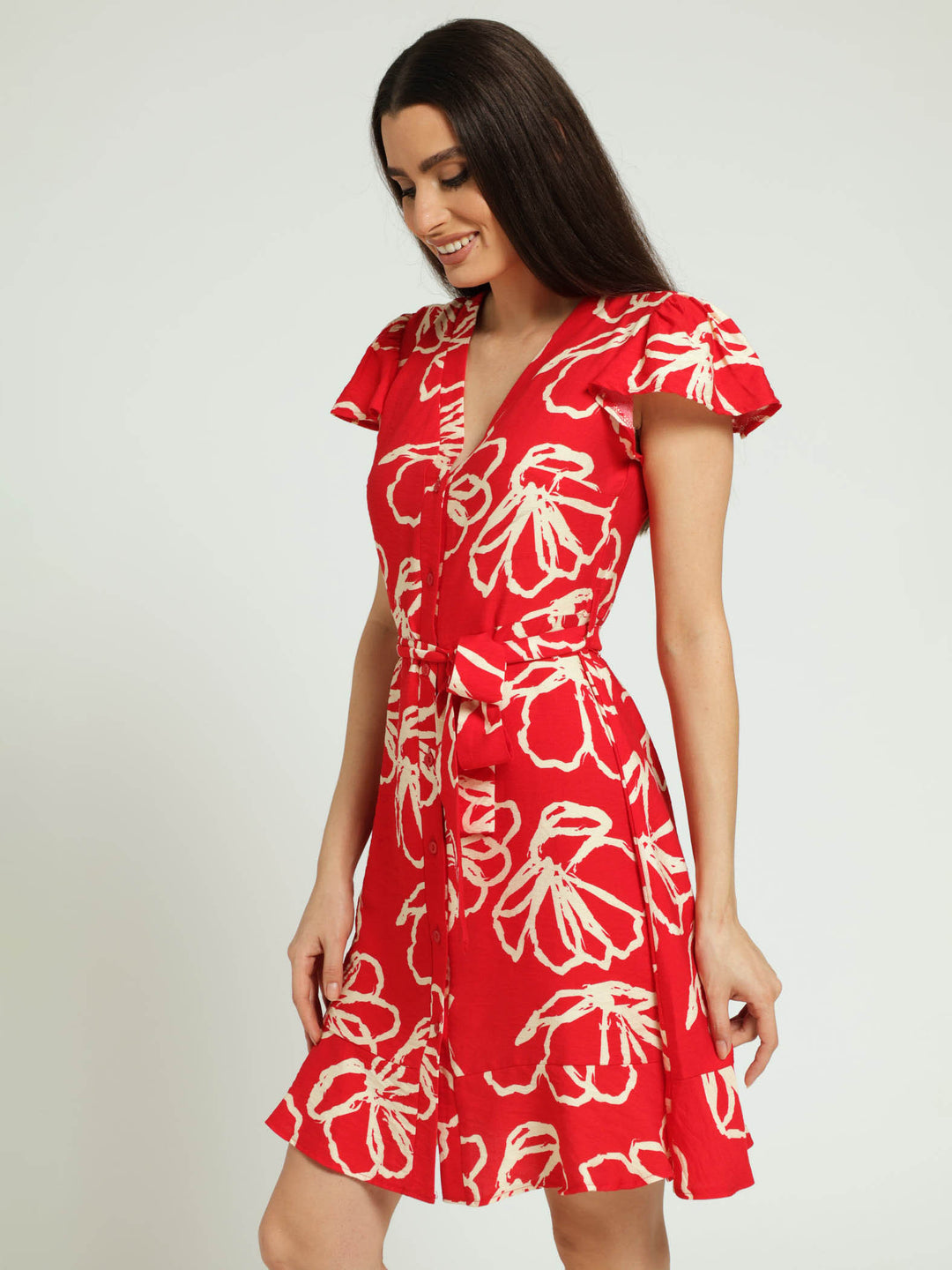Frill Sleeve V-Neck Shirt Dress-Red - Main Image