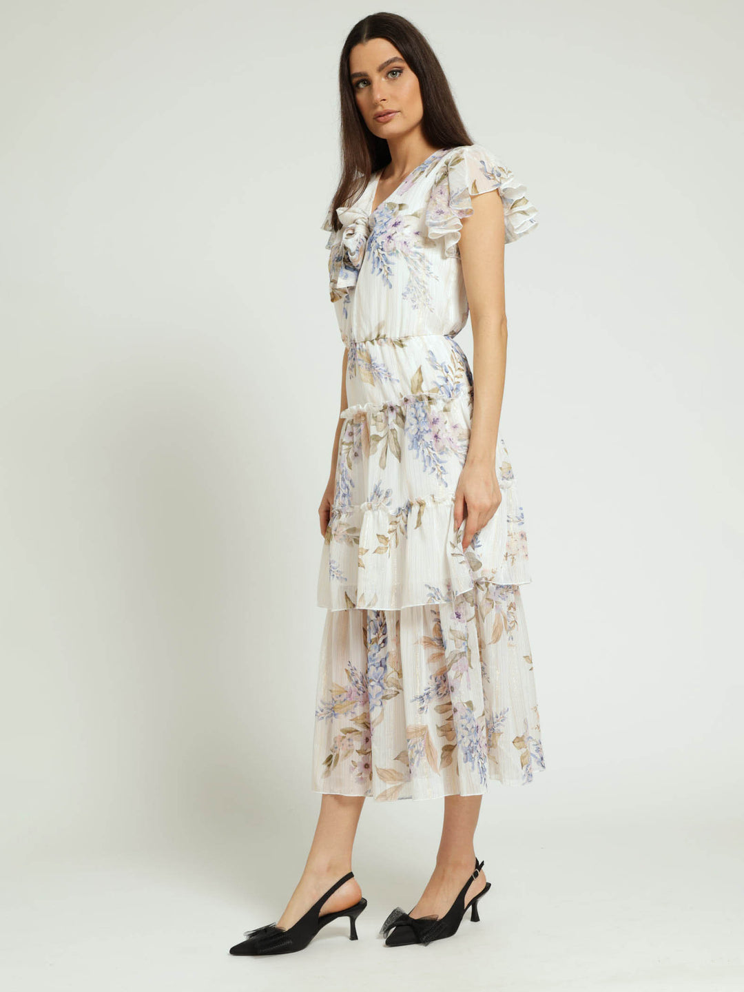 Tie Front Flutter Sleeve Maxi Dress-White/Blue