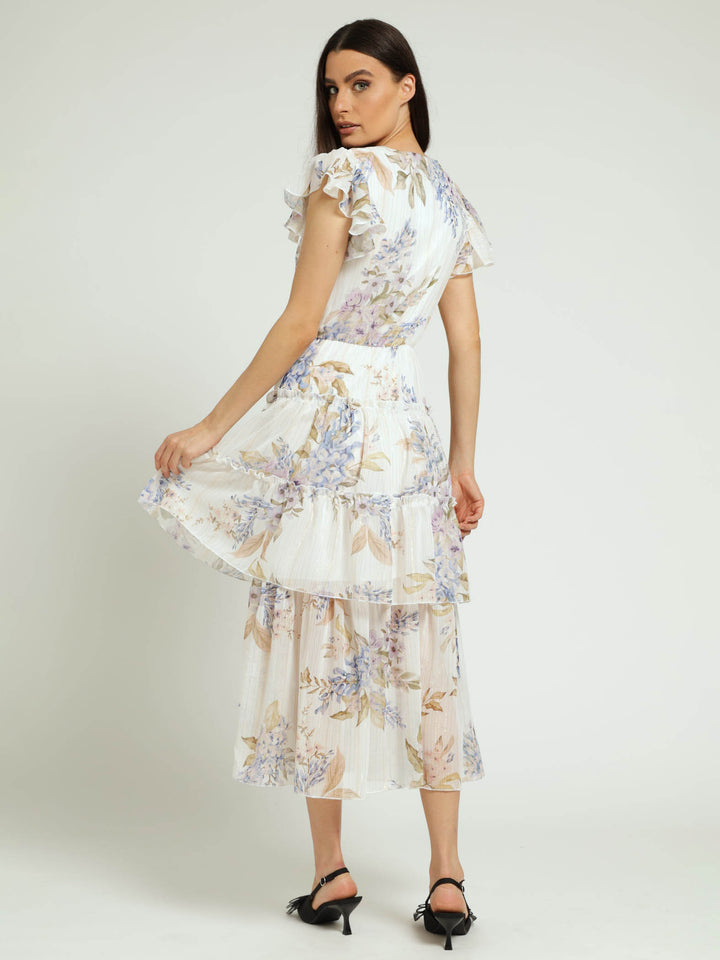 Tie Front Flutter Sleeve Maxi Dress-White/Blue
