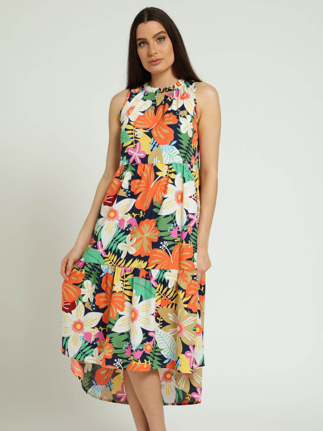 Sleeveless Frill Neck Tiered Hi-Lo Flared Maxi Dress