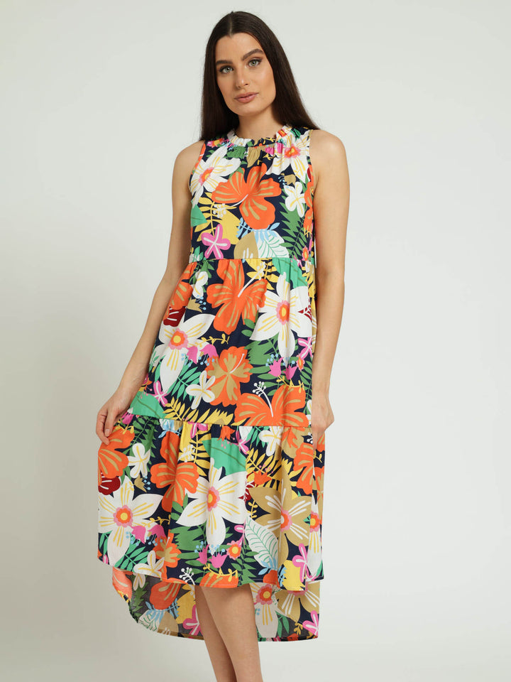 Sleeveless Frill Neck Tiered Hi-Lo Flared Maxi Dress