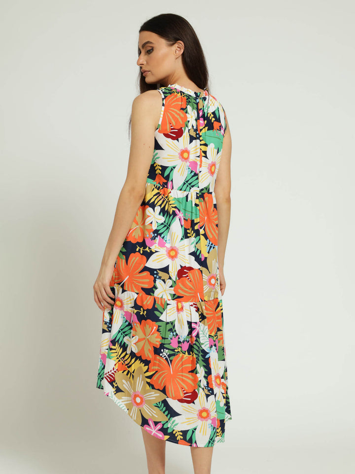 Sleeveless Frill Neck Tiered Hi-Lo Flared Maxi Dress