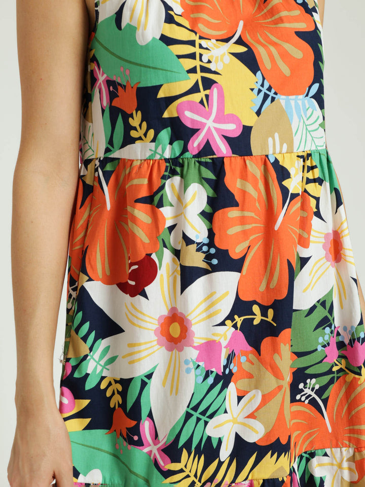 Sleeveless Frill Neck Tiered Hi-Lo Flared Maxi Dress