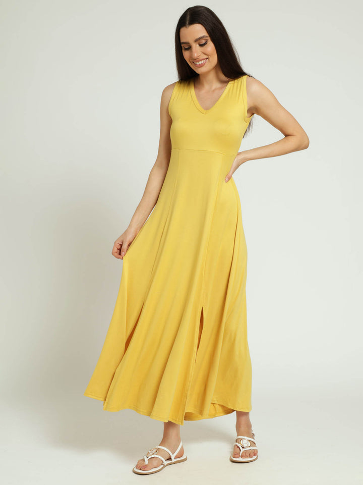 Sleeveless Fit & Flare Dress With Front Slits - Mustard