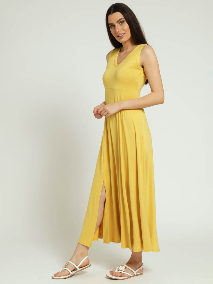 Sleeveless Fit & Flare Dress With Front Slits - Mustard