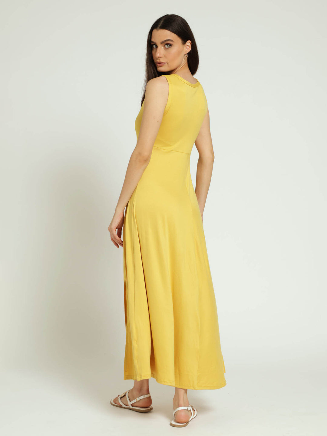 Sleeveless Fit & Flare Dress With Front Slits - Mustard