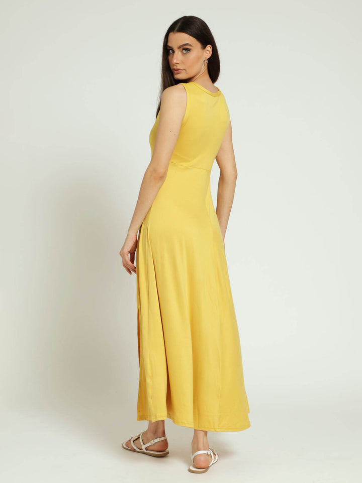 Sleeveless Fit & Flare Dress With Front Slits - Mustard