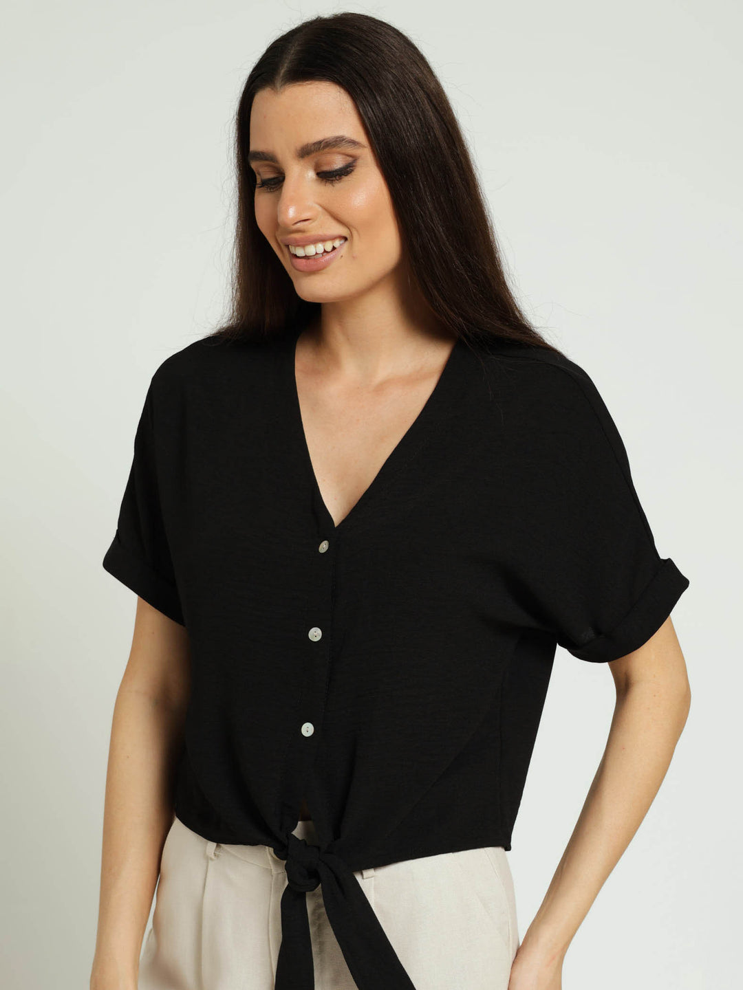 V-Neck Tie-Front Button Through Shirt - Black
