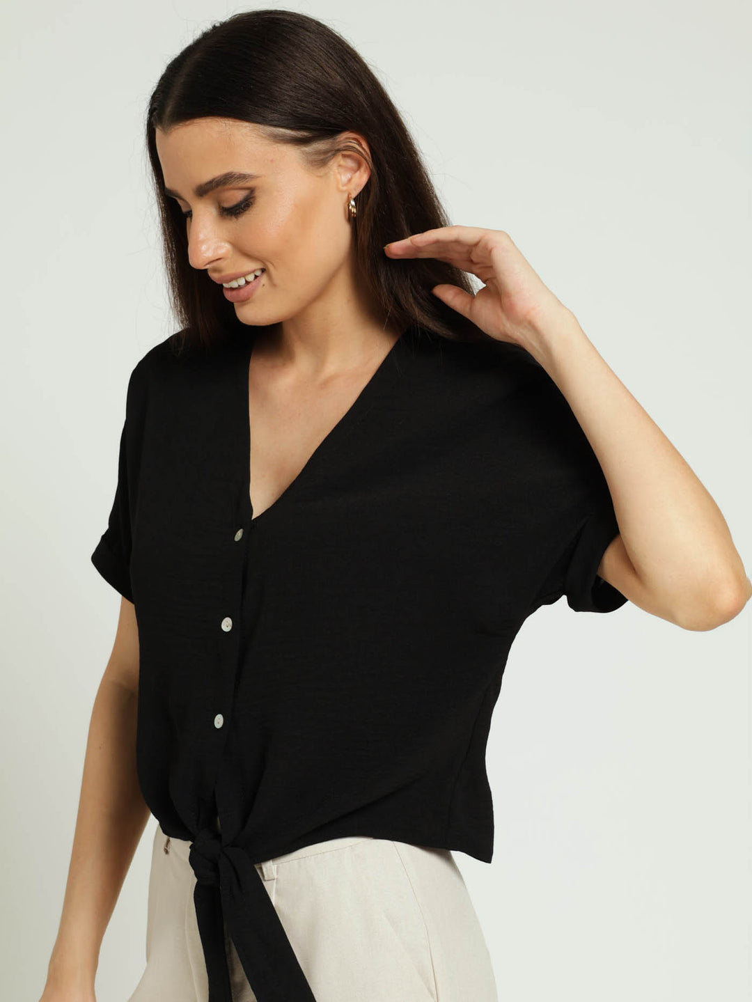 V-Neck Tie-Front Button Through Shirt - Black
