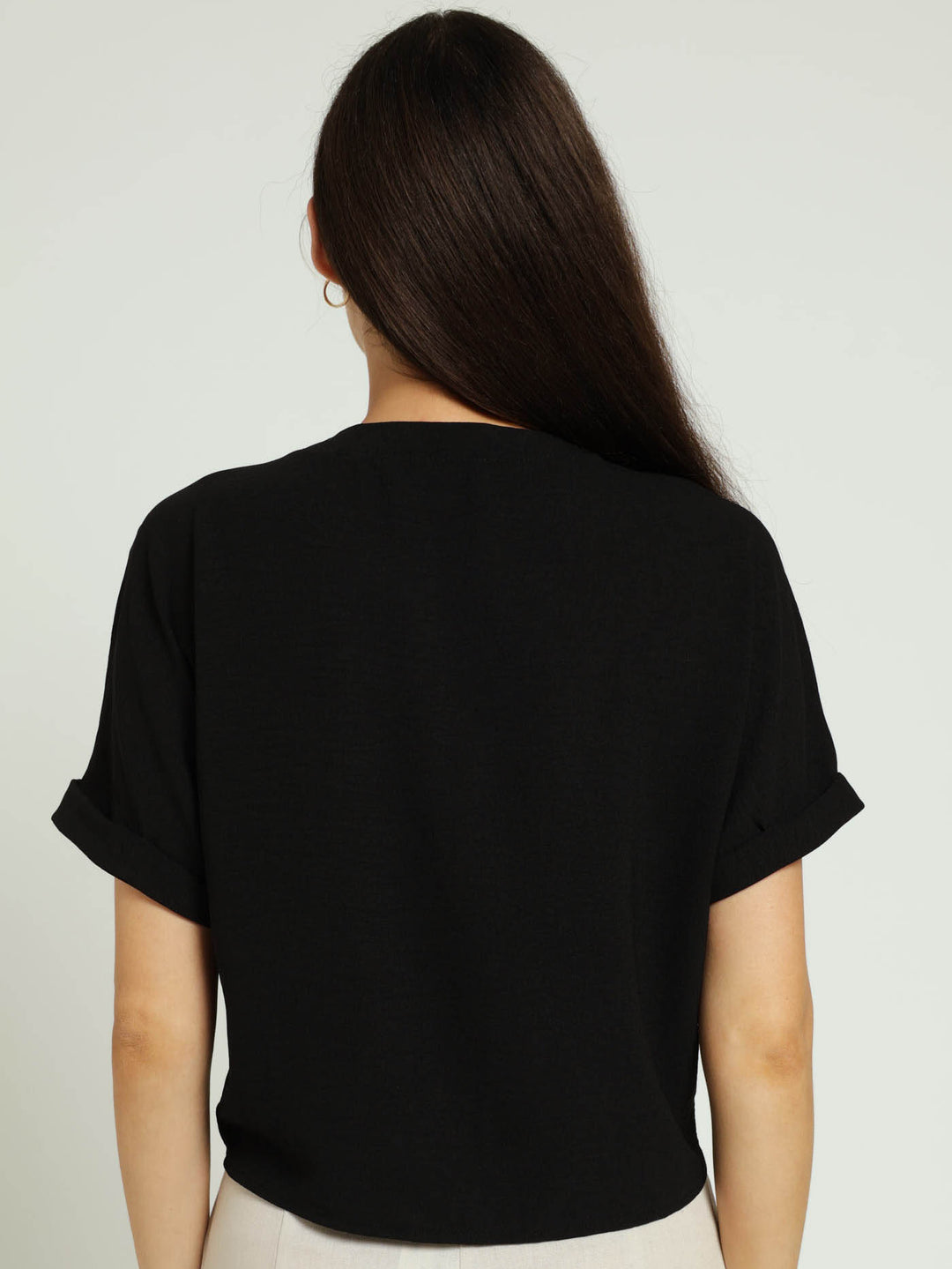 V-Neck Tie-Front Button Through Shirt - Black