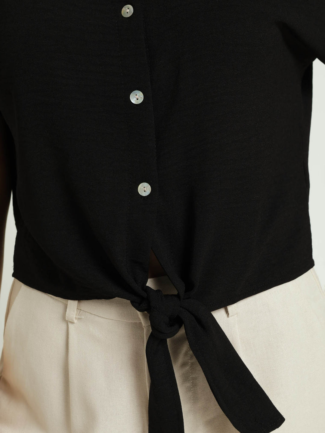 V-Neck Tie-Front Button Through Shirt - Black