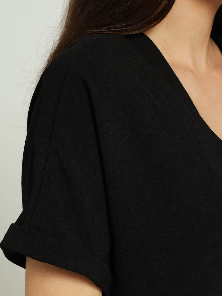 V-Neck Tie-Front Button Through Shirt - Black