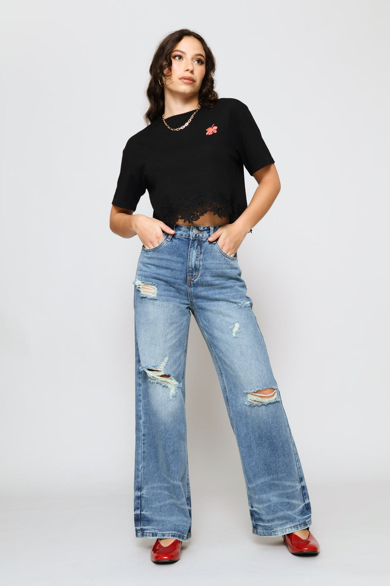 Ripped Wide Leg Denim Jeans - Blue