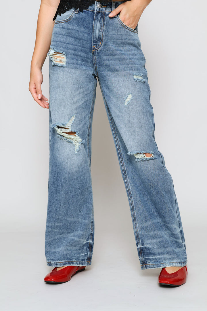 Ripped Wide Leg Denim Jeans - Blue